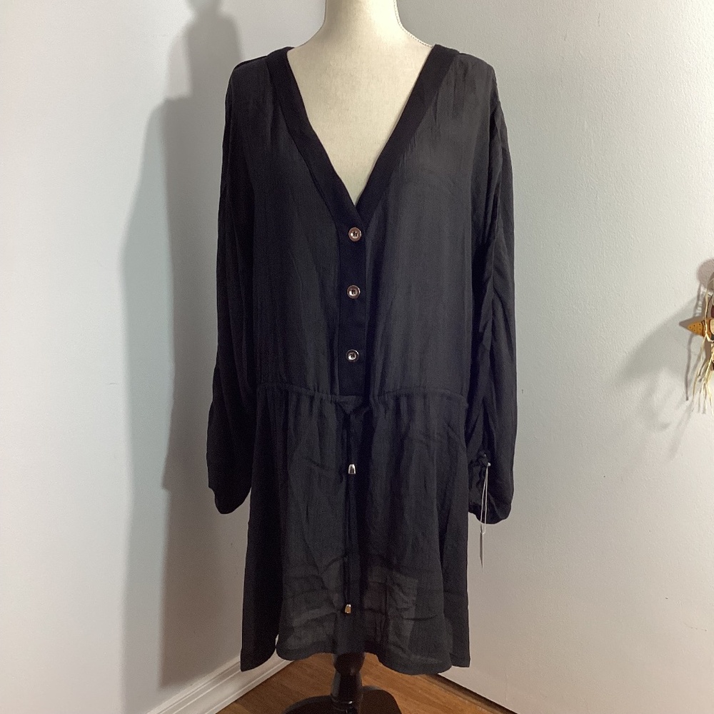 NWT BEACH BREAK WOMAN PLUS 3X BLACK COVER UP KIMONO TUNIC BUTTON FRONT